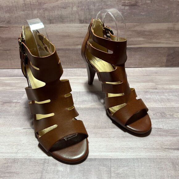 Liz Claiborne Brown Strappy Open-Toe Heels With Back Zipper Closure 7M - Picture 1 of 13
